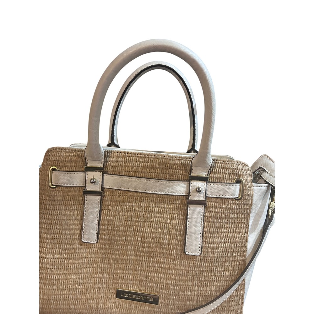 Liz Claiborne Straw Satchel Handbag Womens Medium Tan Cream Excellent Woven Boho - Picture 3 of 12